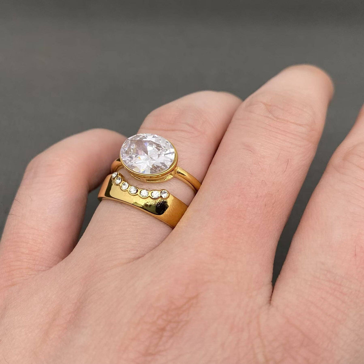 Zircon Inlaid 18K Gold Plated S.Steel Stacked Ring - FGS: 7