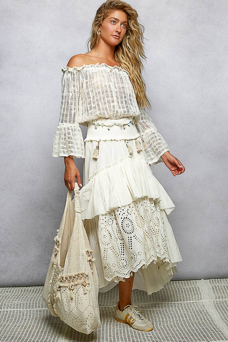 Mirror Dangle Tassel Lace Patched Hobo Bag: NATURAL MULTI / OS