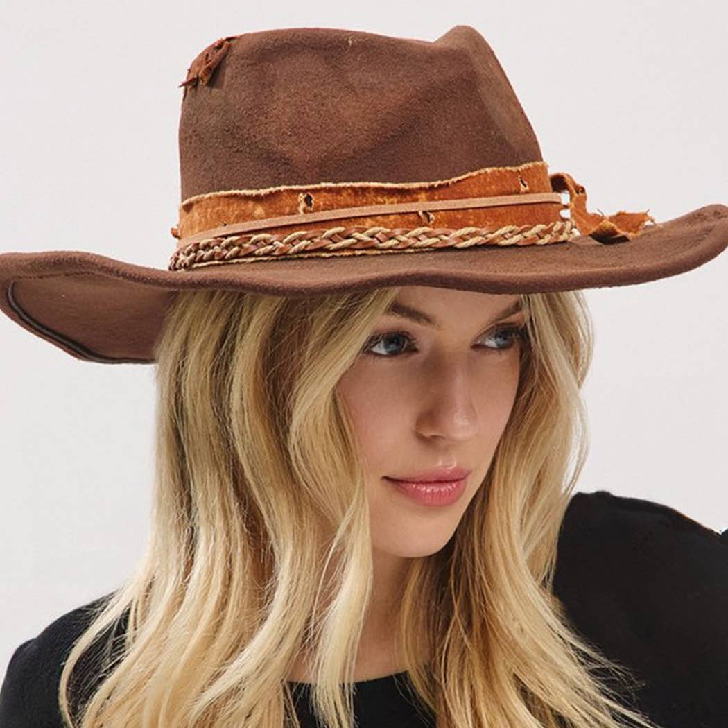Vintage Versatile Shapeable Cowgirl & Fedora Hat With A Feat: Brown