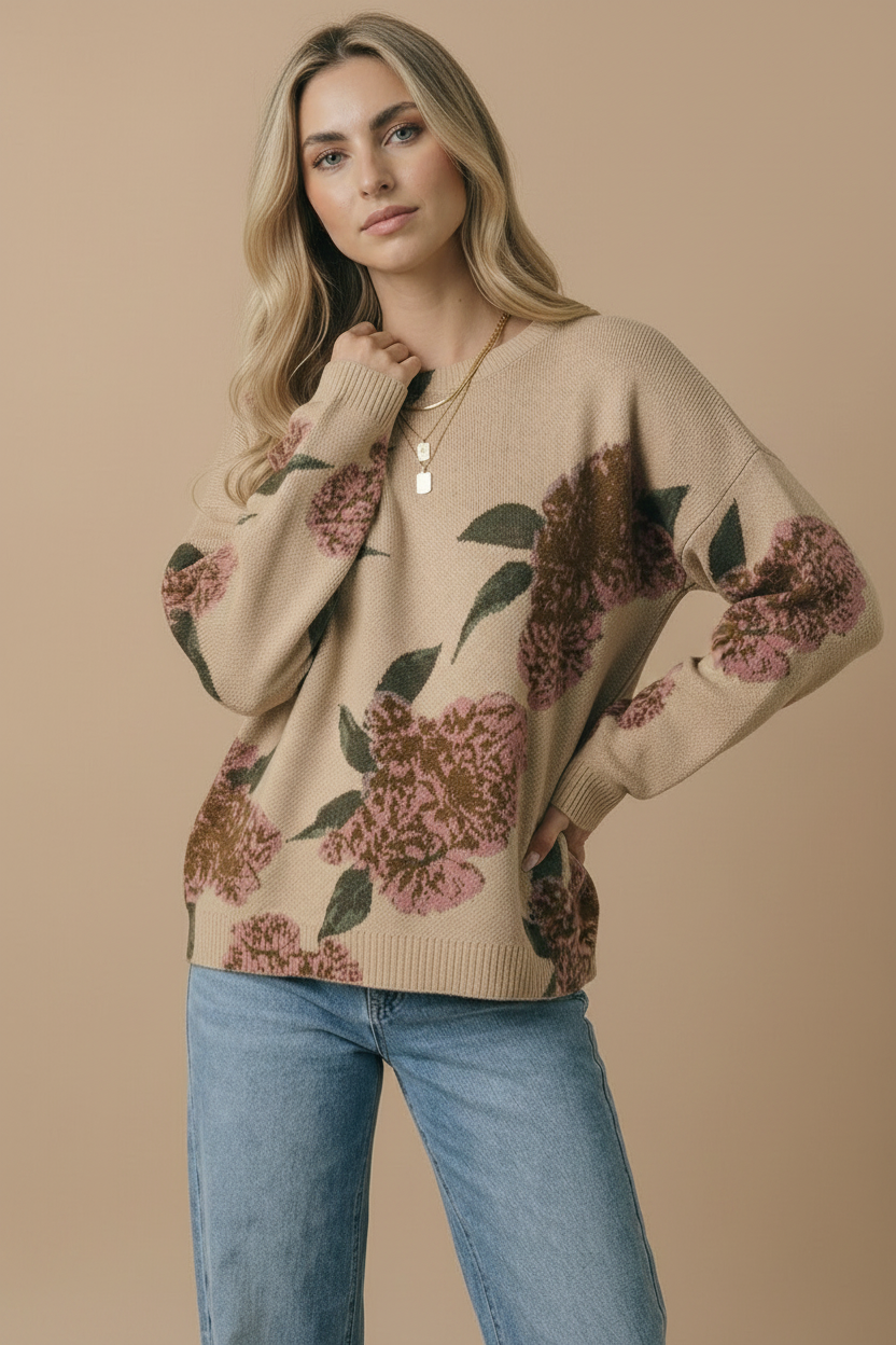 Round Neck Floral Knit Oversized Fit Sweater: TAUPE / L