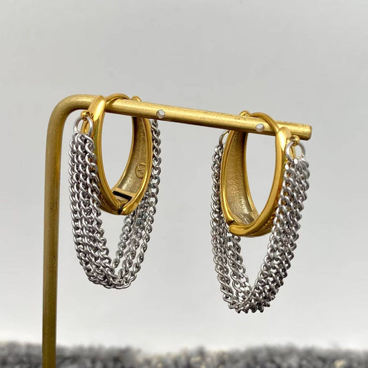 Multi-layer Chain Fringe18K Golden SS Huggie Earrings - FGS