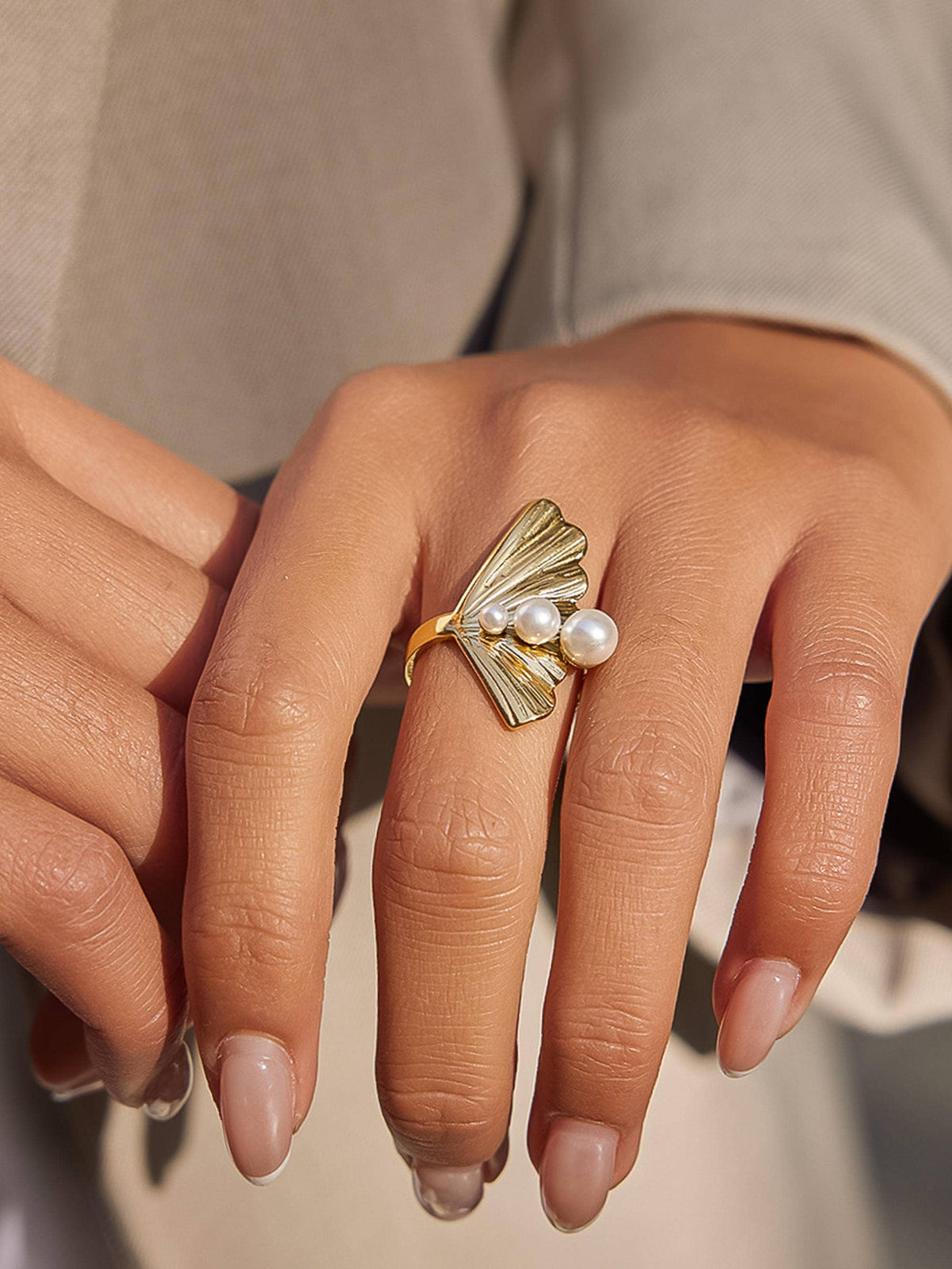 Kala 18K Gold Non-Tarnish Sculptural Pearl Statement Ring: Yellow Gold