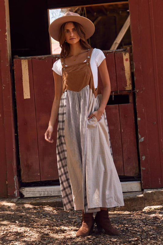 Patchwork Plaid Overall Dress : Taupe Multi / L