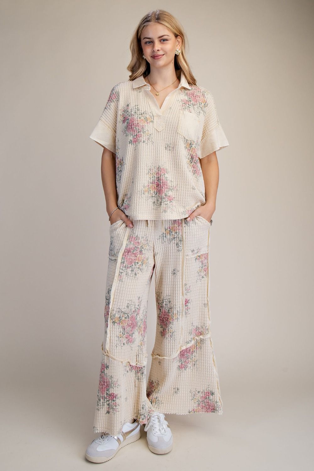 FLORAL PRINT WASHED WAFFLE PANTS