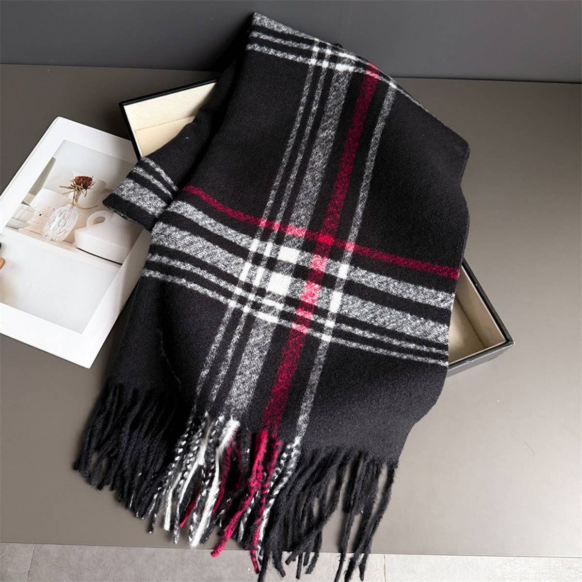 Minimal Plaid Soft Cashmere Feel Winter Scarf_CWASC03246: Green / (OS) 1