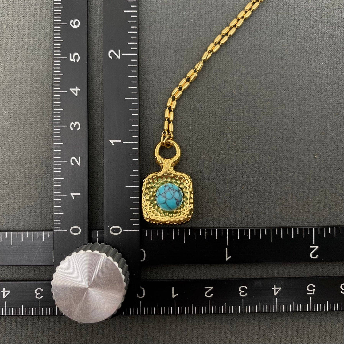 Turquoise Inlaid Square 18K Golden SS Charm Necklace - FGS