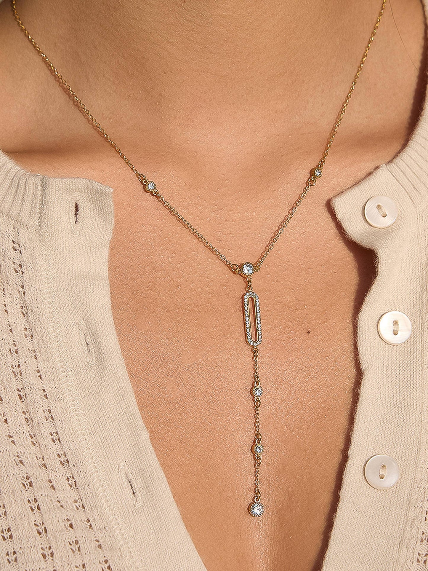 Dazelle 18K Gold Non-Tarnish CZ Drop Bar Necklace: Yellow Gold