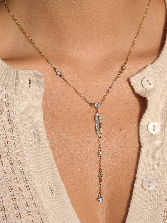 Dazelle 18K Gold Non-Tarnish CZ Drop Bar Necklace: Yellow Gold