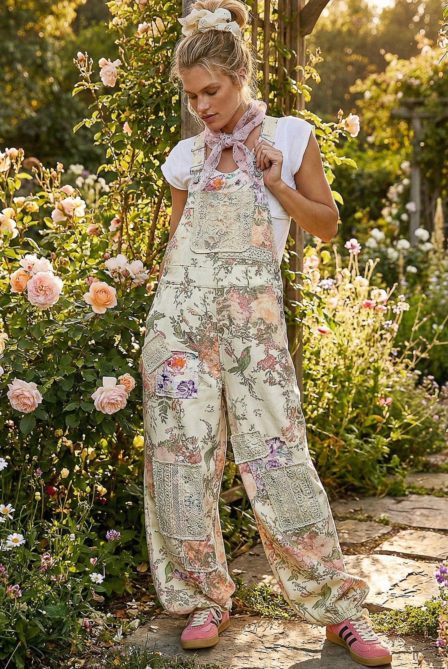 Printed Lace Patch Trim Strap Relaxed Fit Jogger Overall