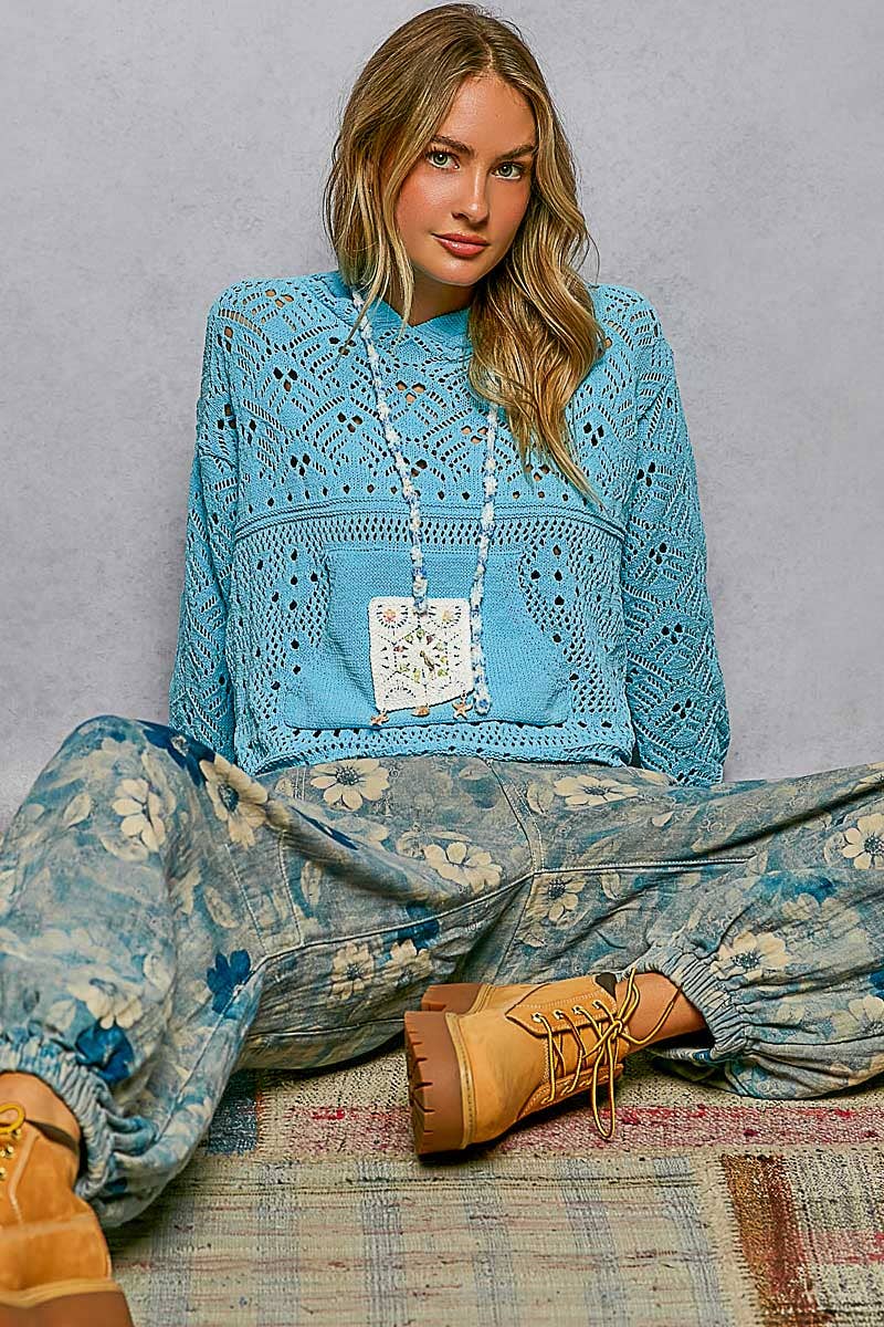 Chenille Crochet Lightweight Pullover Hoodie Sweater: NATURAL / L