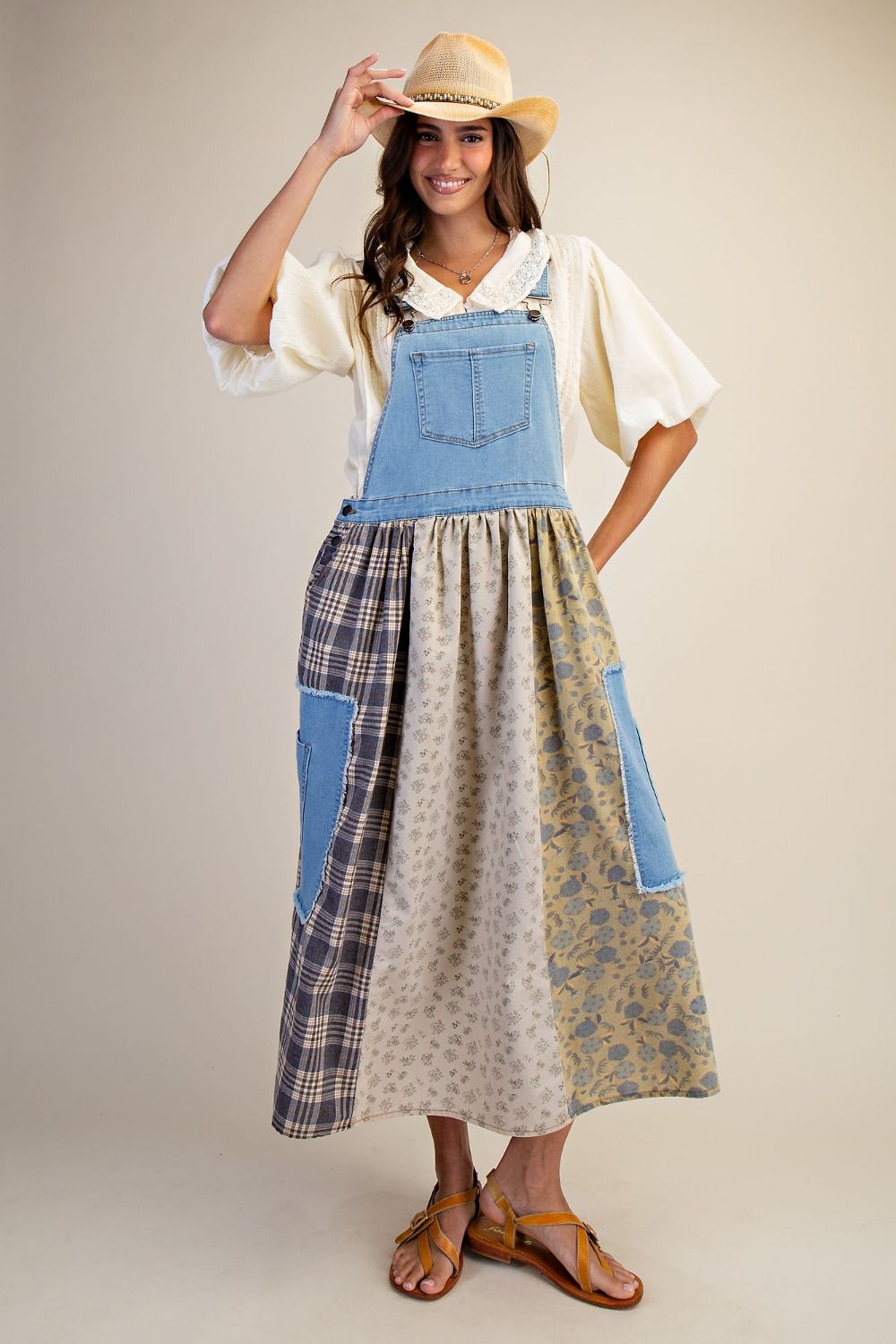 PATCHWORK WASHED DENIM OVERALL DRESS
