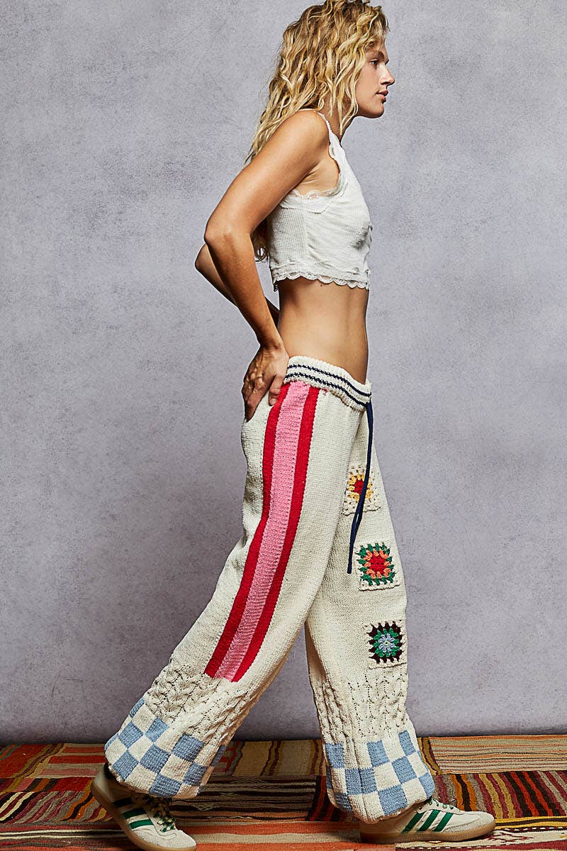 Striped checker pattern patch detail chenille sweater pants