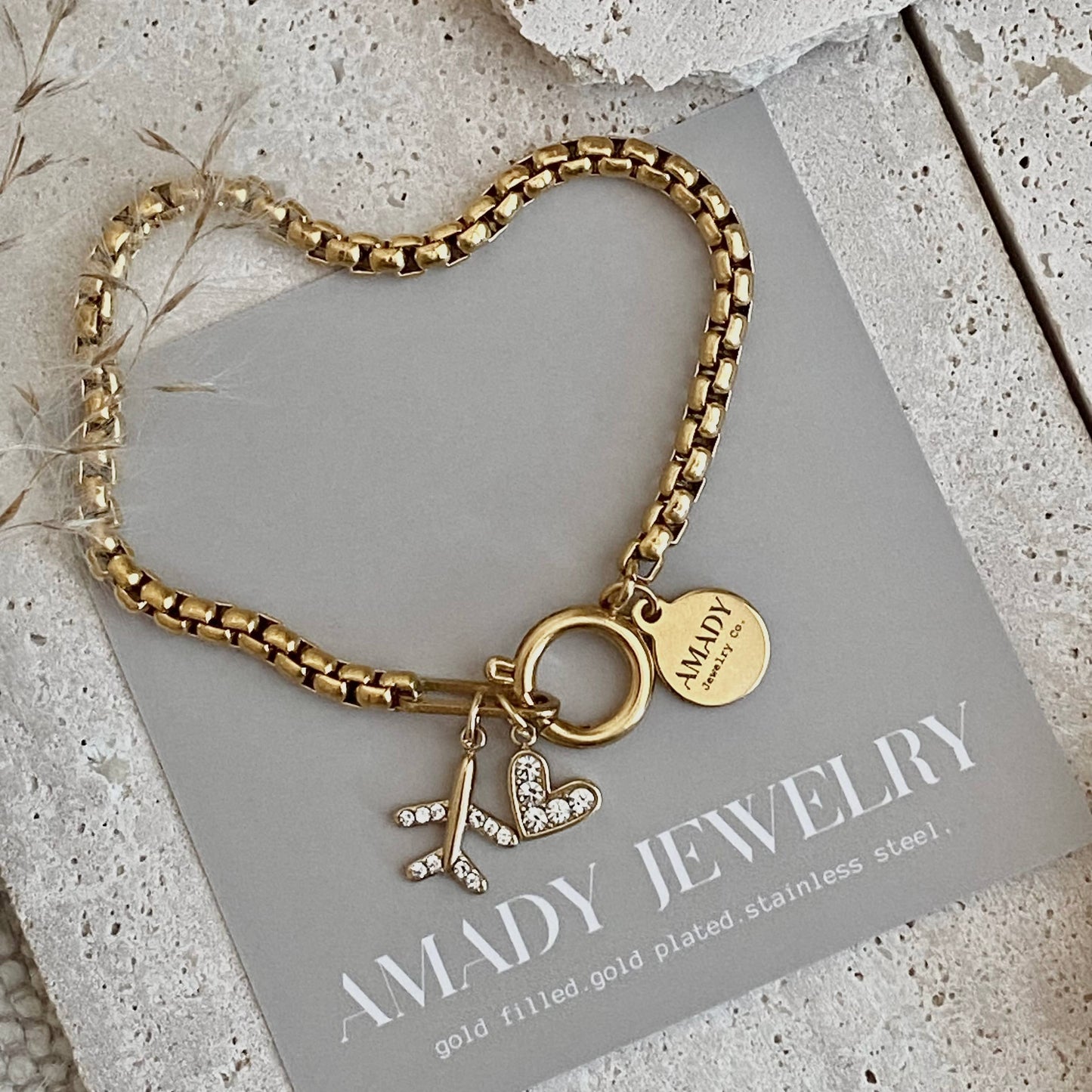 Traveler travel Bracelet airplane plane heart gold plated 
