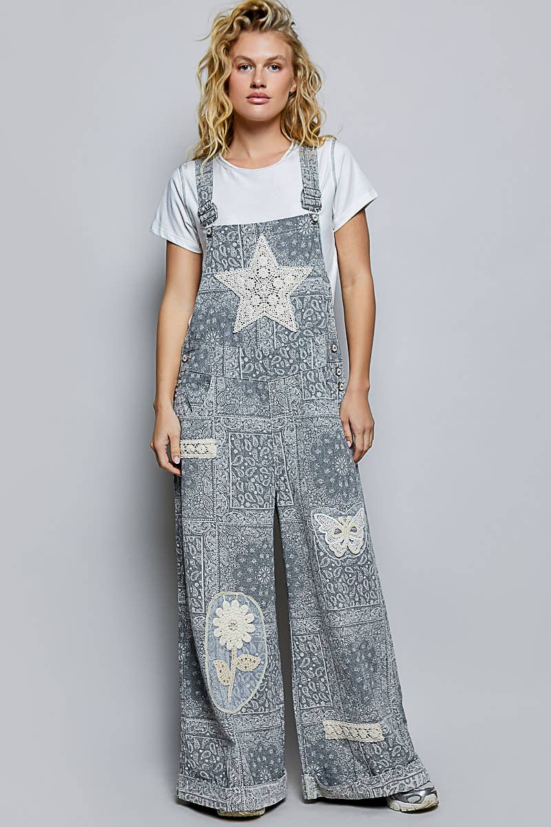 Floral Crochet Pearl Patch Roomy Fit Twill Overalls: FLORAL MULTI / M