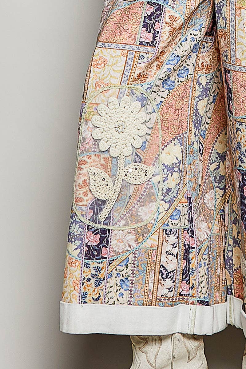 Floral Crochet Pearl Patch Roomy Fit Twill Overalls: FLORAL MULTI / M