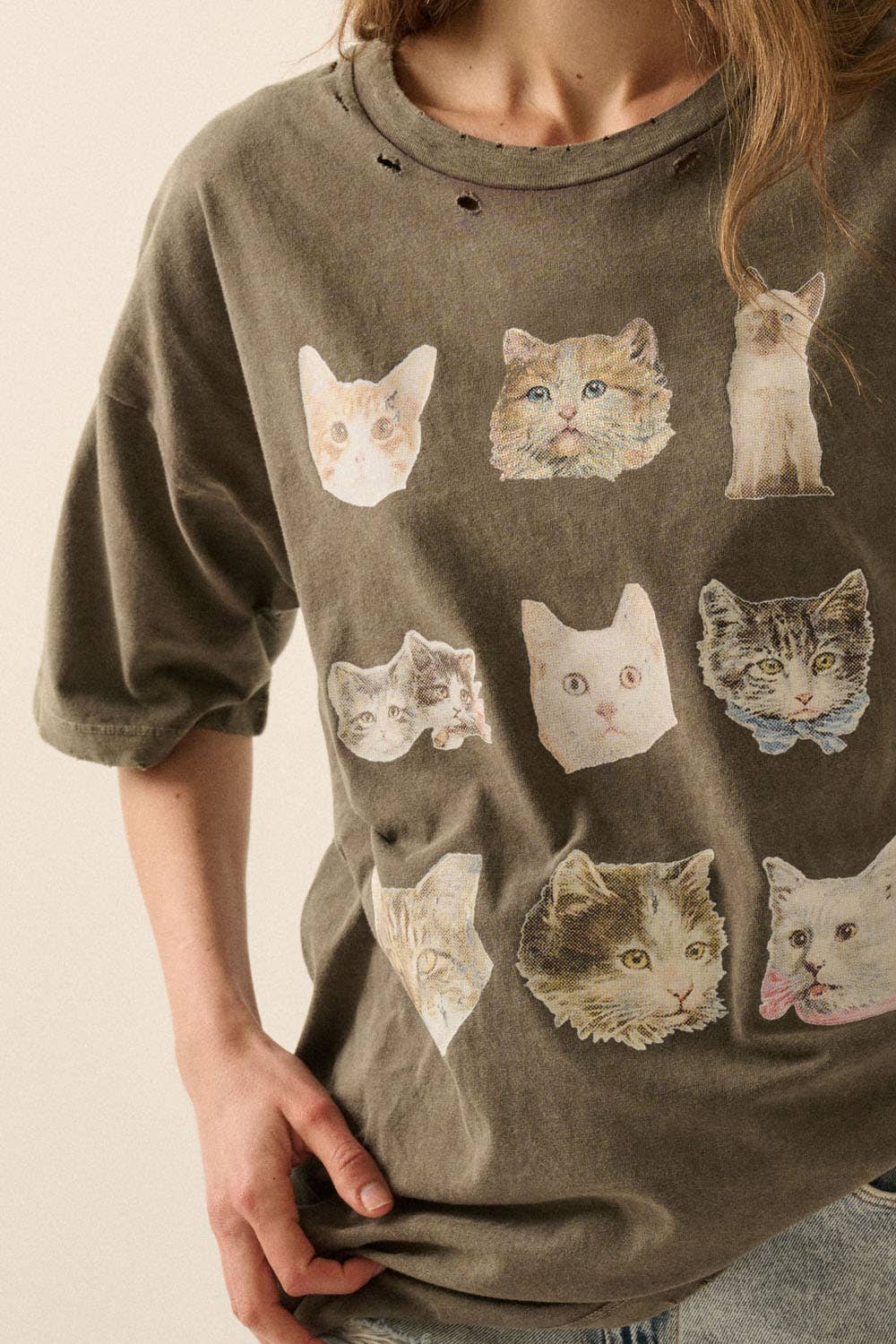Cat Photos Distressed Oversize Graphic Tee: Iron / L