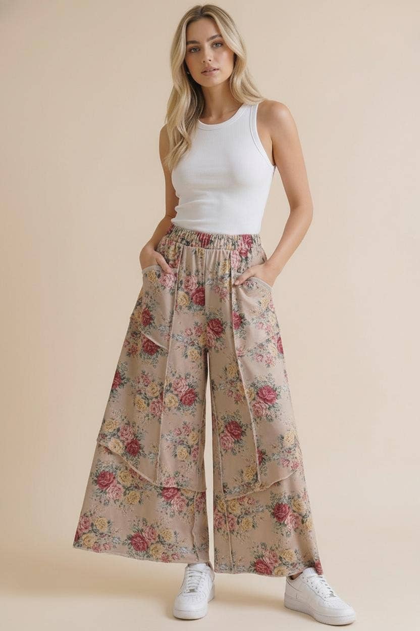 Elastic Waist Wide Leg Vintage Floral Pant: Oatmeal / M