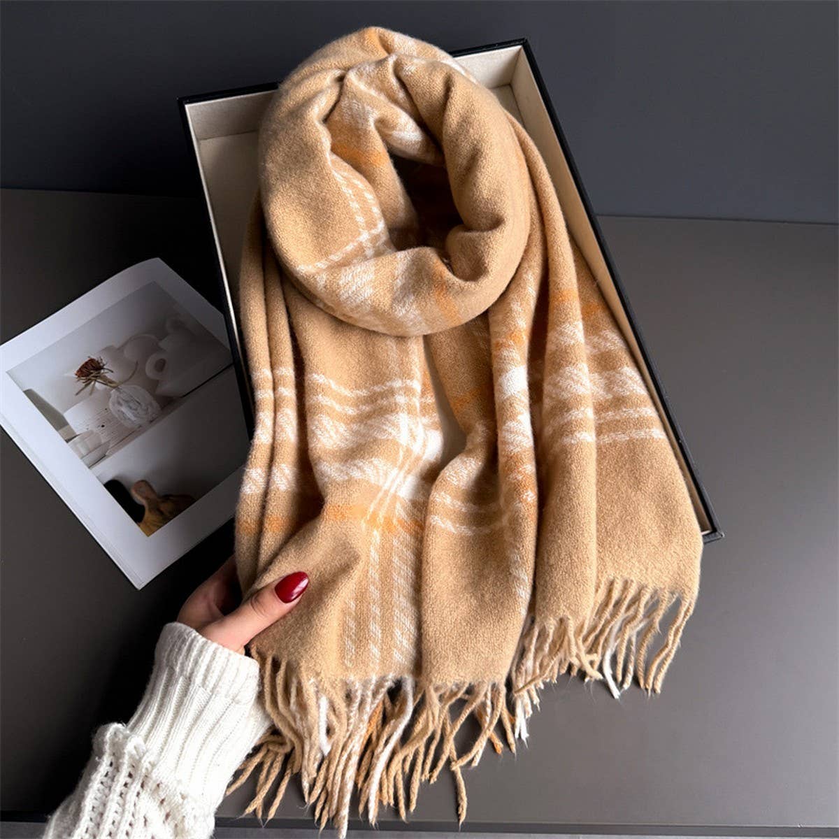 Minimal Plaid Soft Cashmere Feel Winter Scarf_CWASC03246: CAMEL / (OS) 1