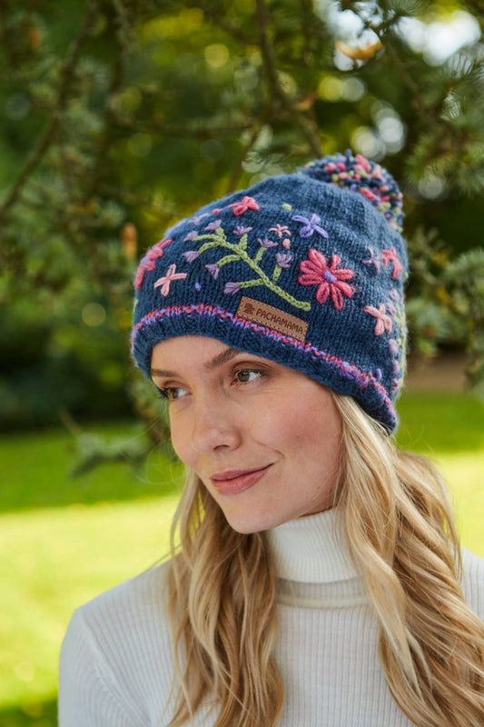 Hampton Court - Embroidered Flowers Knitted Wool Bobble Hat