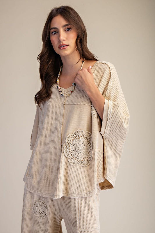 CROCHET PATCH DETAILING WASHED THERMAL TOP-2 COLORS