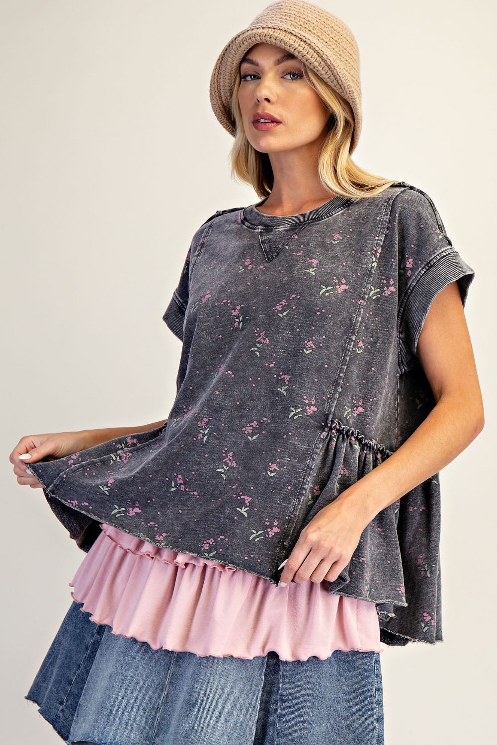PRINTED WASHED TERRY TUNIC TOP
