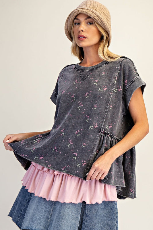 PRINTED WASHED TERRY TUNIC TOP