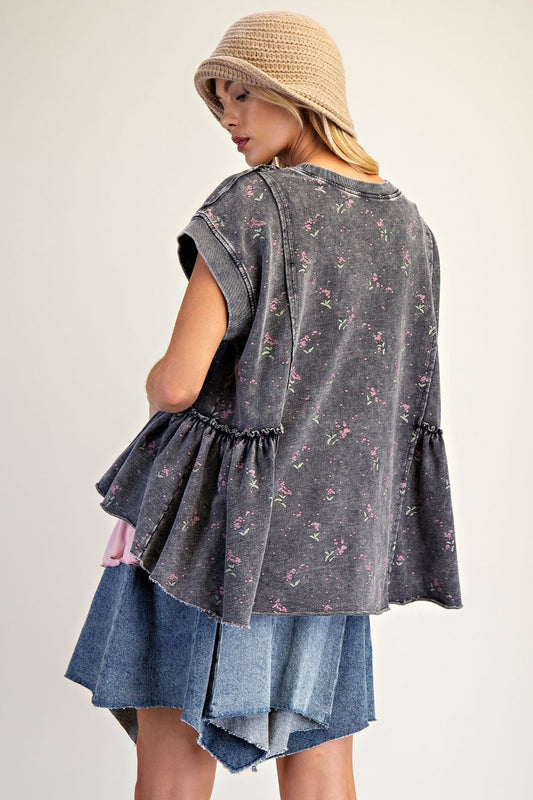 PRINTED WASHED TERRY TUNIC TOP