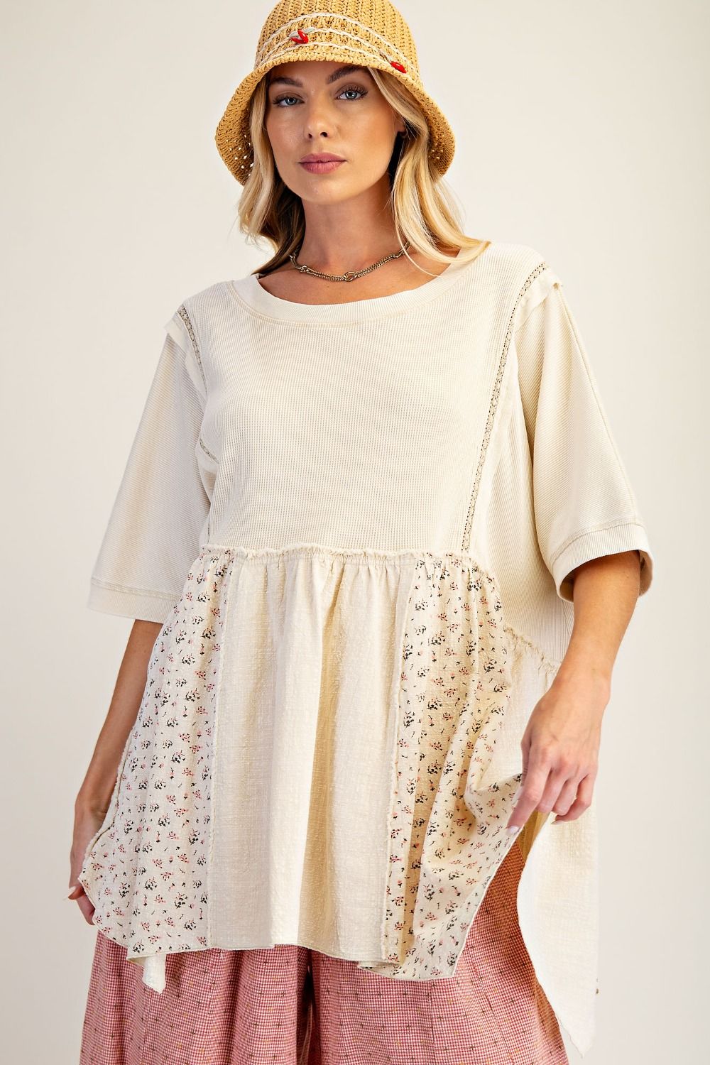 WAFFLE KNIT WASHED BABYDOLL TUNIC