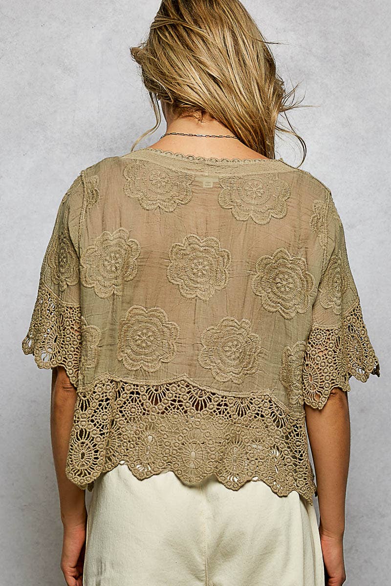 Crochet Trim Neckline Short Sleeve Jacket Top: NATURAL / Os