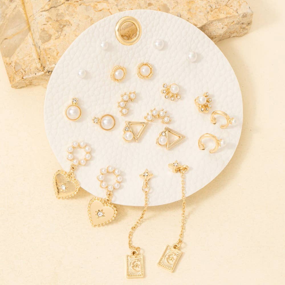10 Pair Assorted Heart Pearls Earrings Set: GDCRM