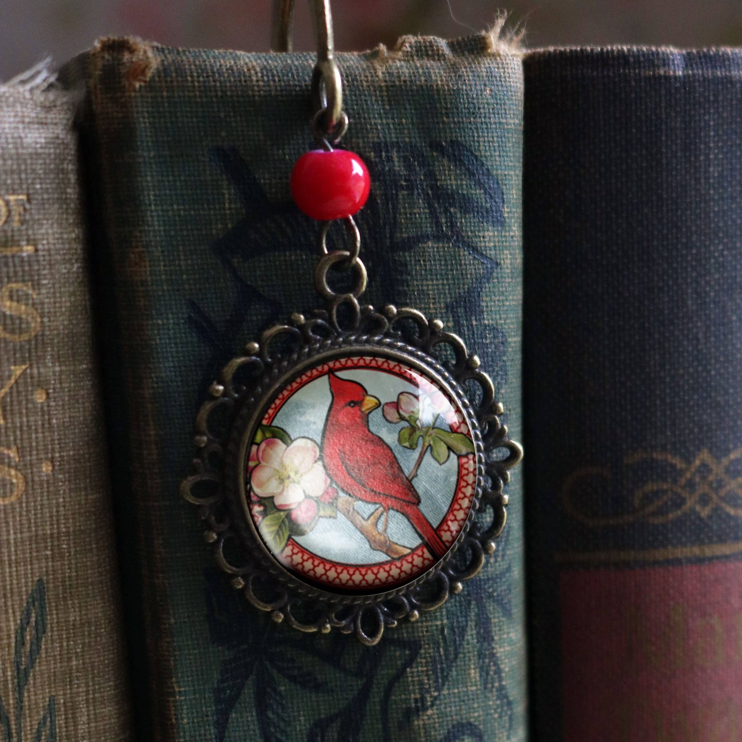 Cardinal Bird Vintage Inspired Bronze and Glass Bookmark