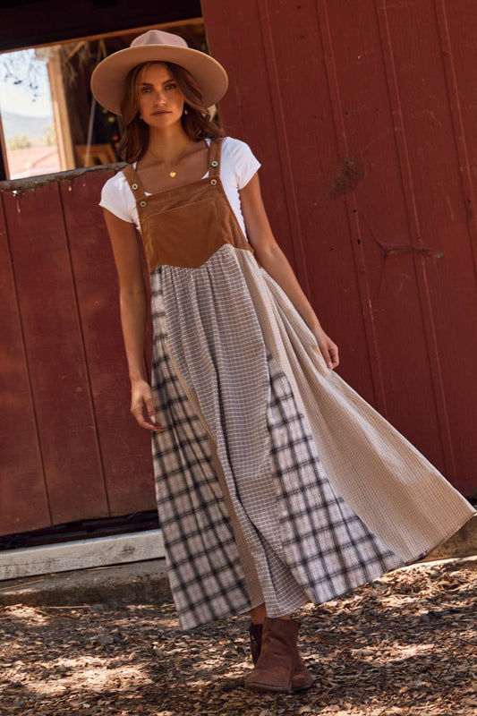 Patchwork Plaid Overall Dress : Taupe Multi / L