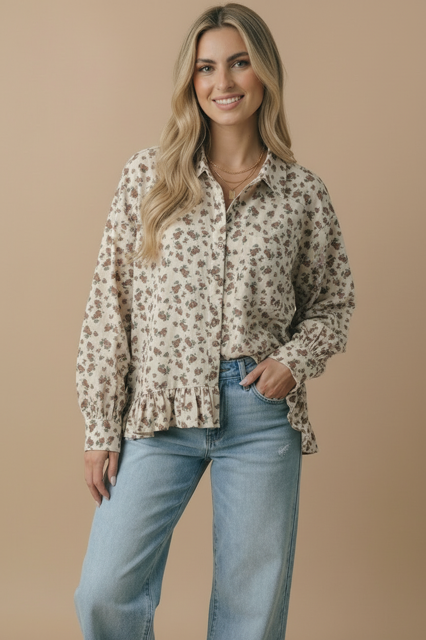 Collared Floral Peplum Hem Babydoll Shirt: OATMEAL / M