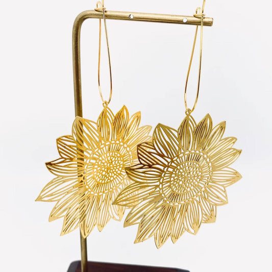 Golden Hollow Sunflower Hoop Earrings