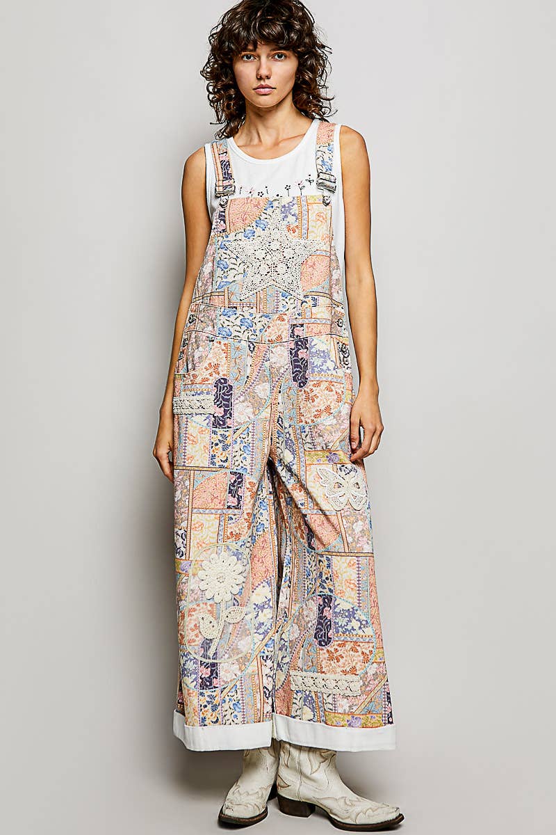 Floral Crochet Pearl Patch Roomy Fit Twill Overalls: FLORAL MULTI / M
