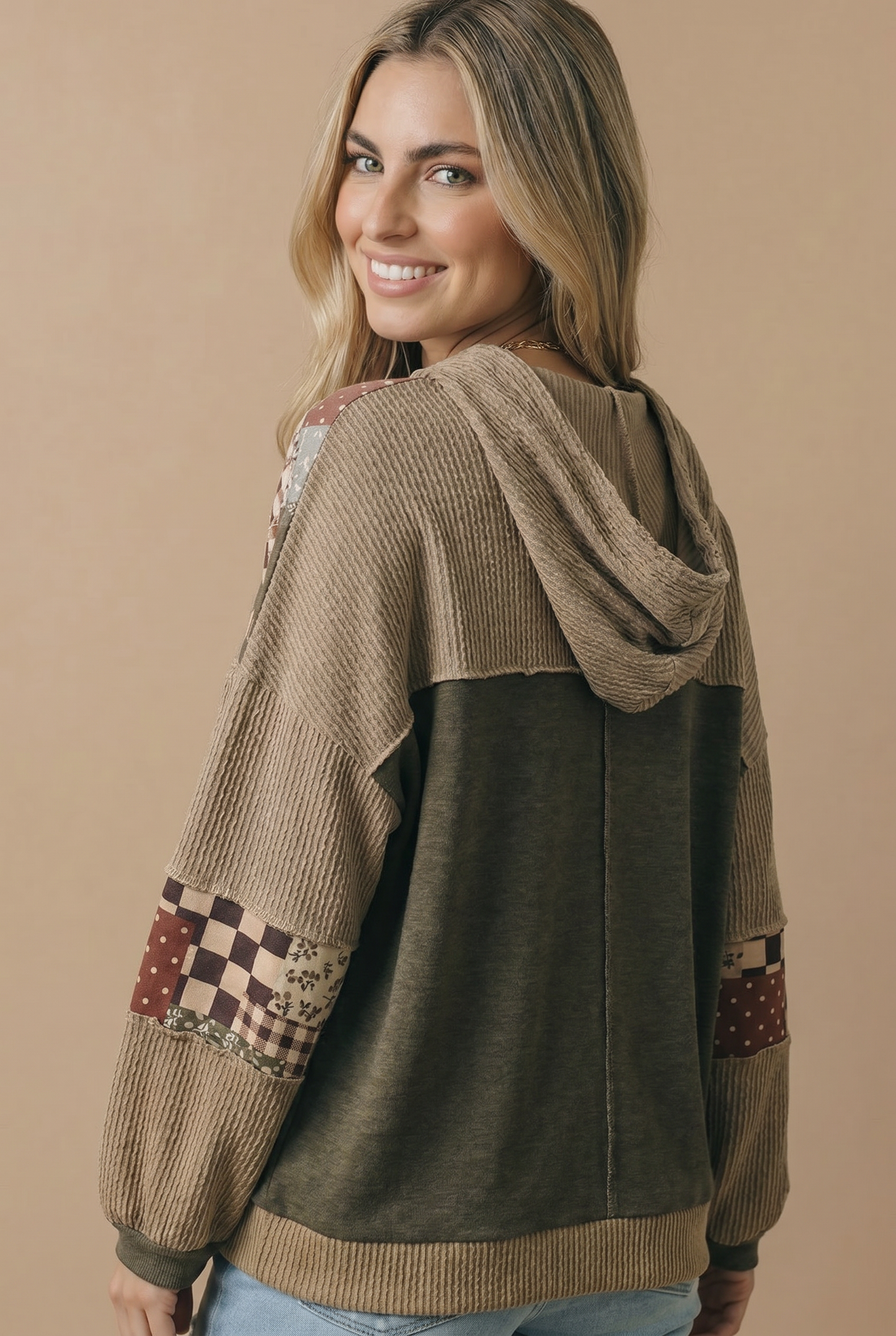 Button Down Color Block Patchwork Print Hoodie