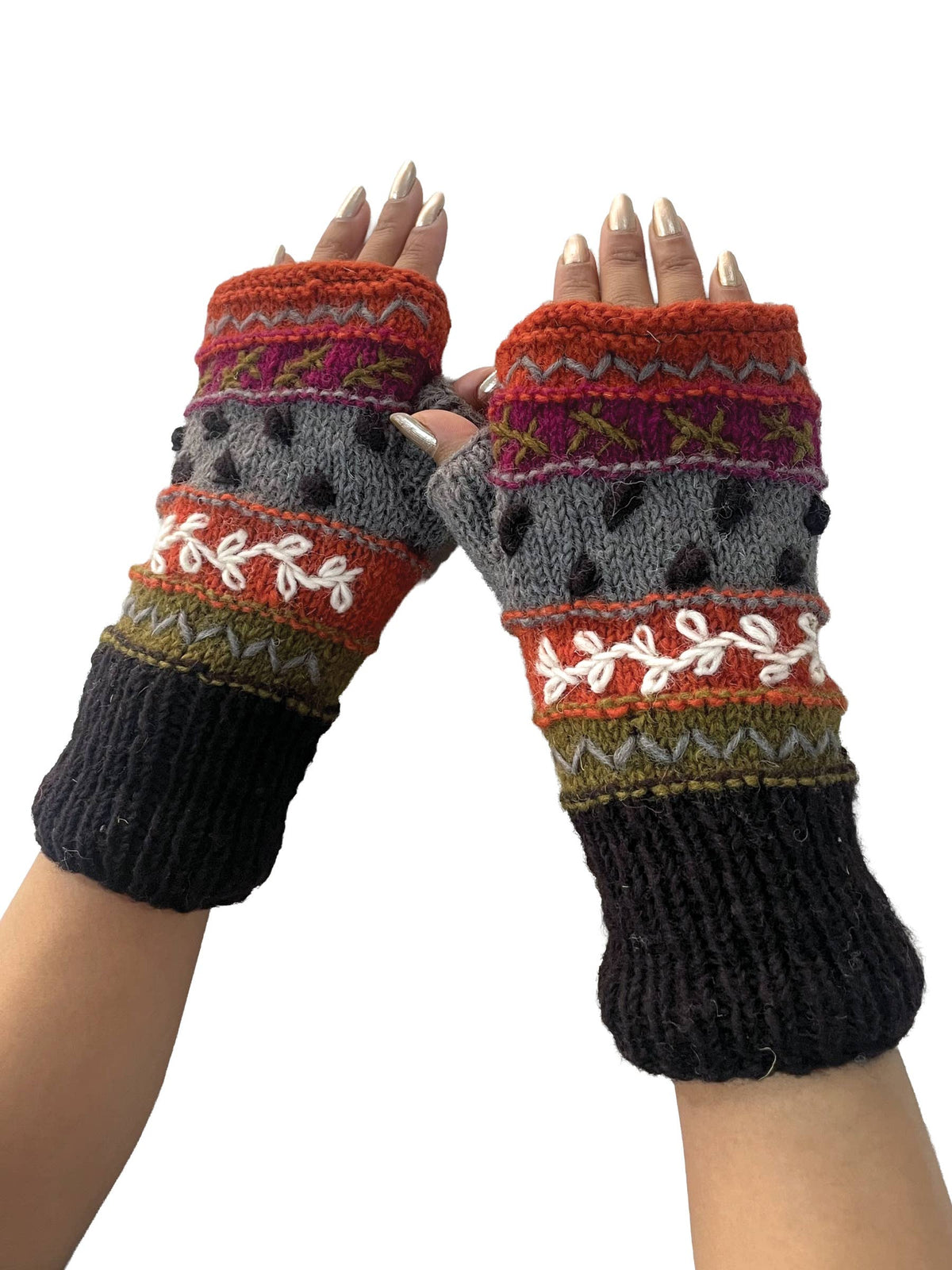 Striped Knit Fingerless Gloves Hand Embroidered Details: Assorted Colors / O/S