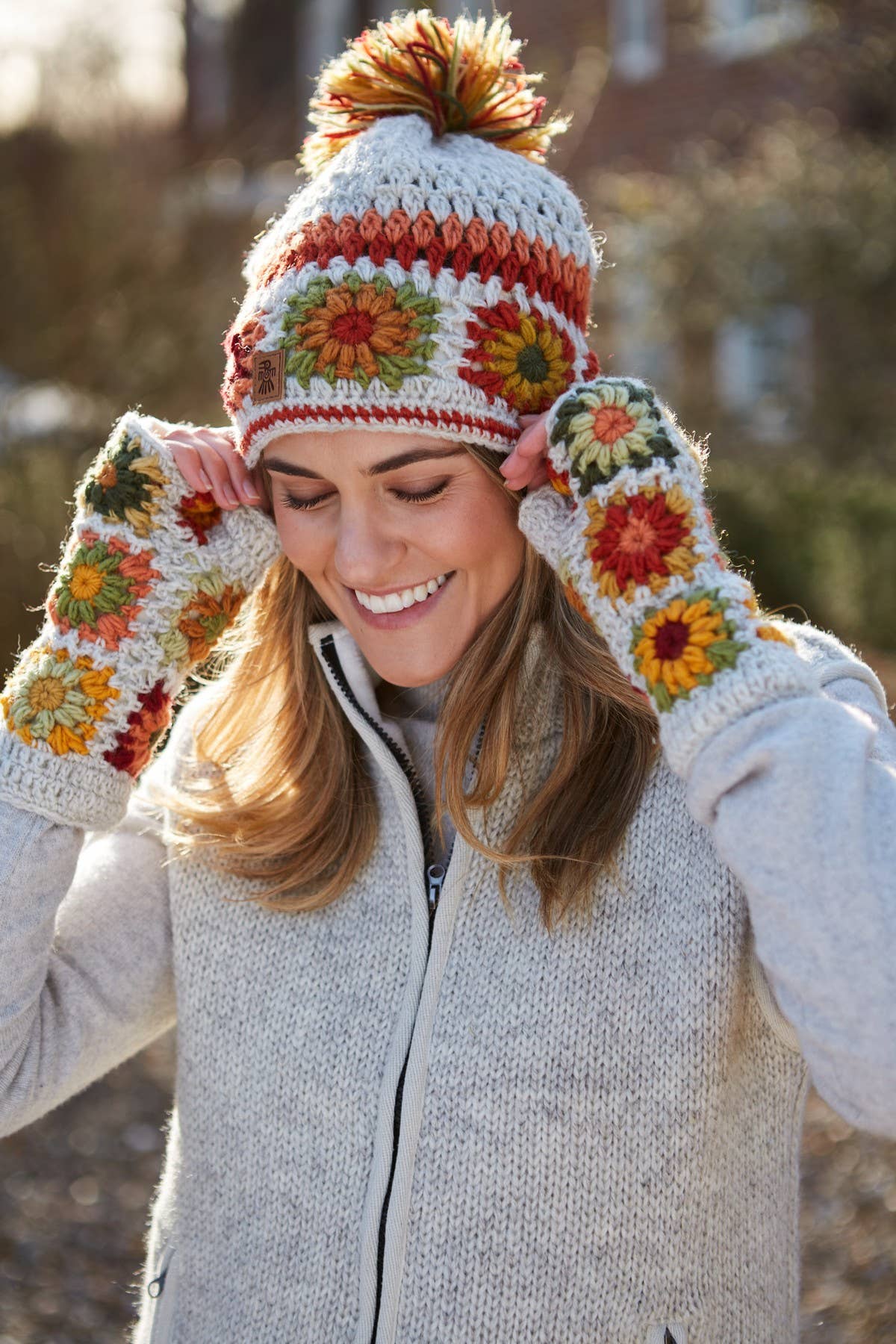 Woodstock Granny Square Crochet Fingerless Gloves Oatmeal: One Colour