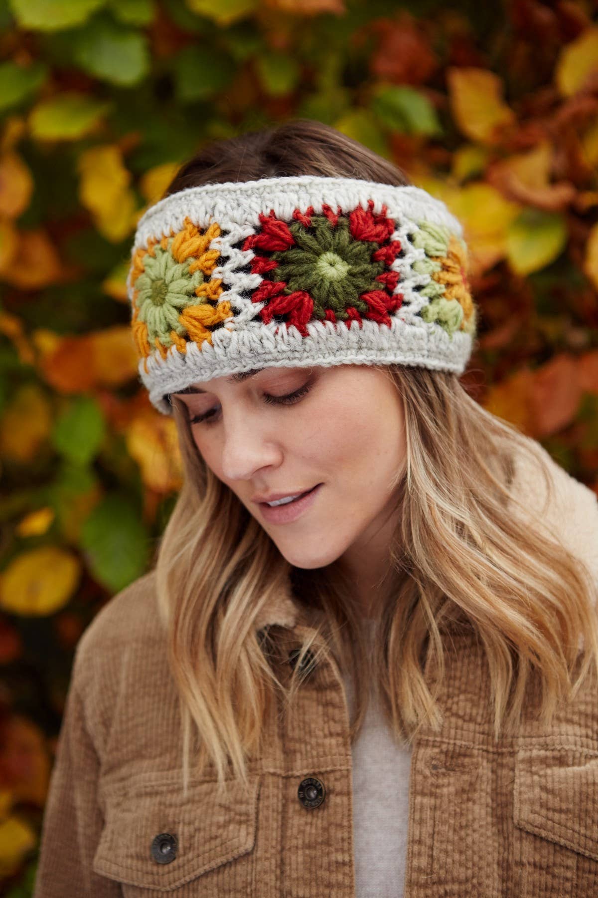 Woodstock Granny Square Crochet Ear Warmers Floral Oatmeal