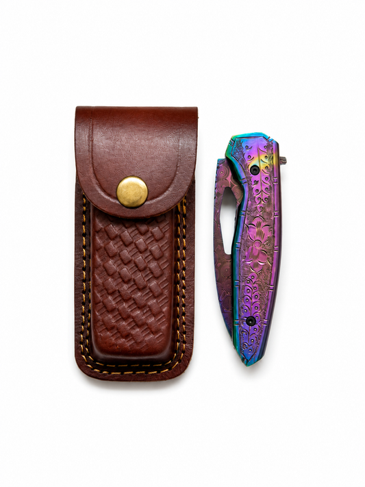Titan Aurora Damascus Folding Knife with Engraved Rainbow Handle & Leather Sheath