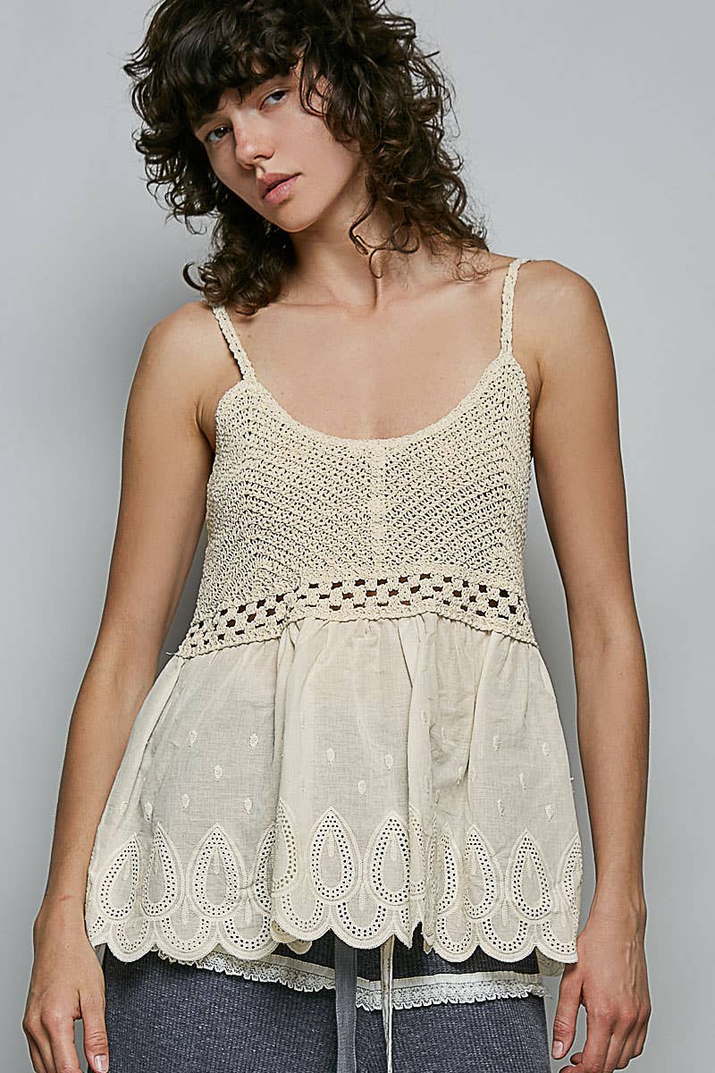 Round Neck Sleeveless Eyelet Ruffle Embroidered Crochet Top: NATURAL / Os
