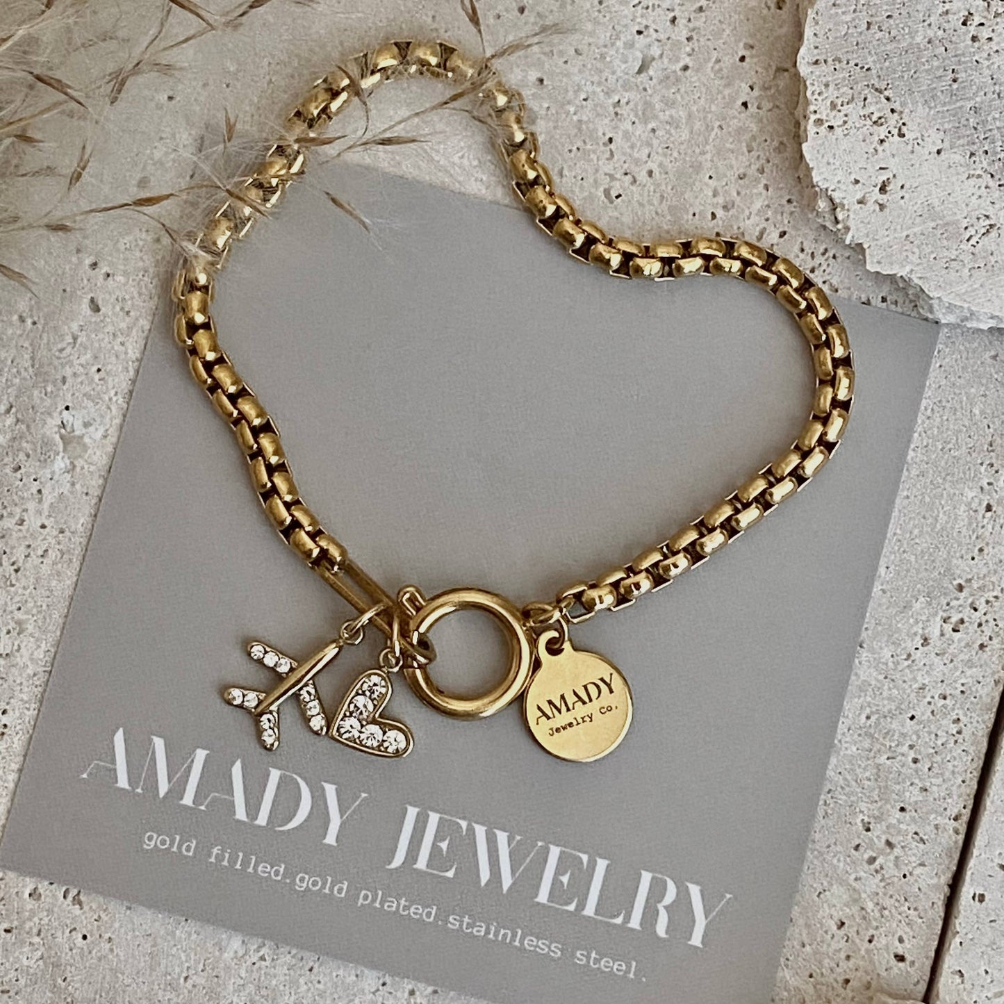 Traveler travel Bracelet airplane plane heart gold plated 