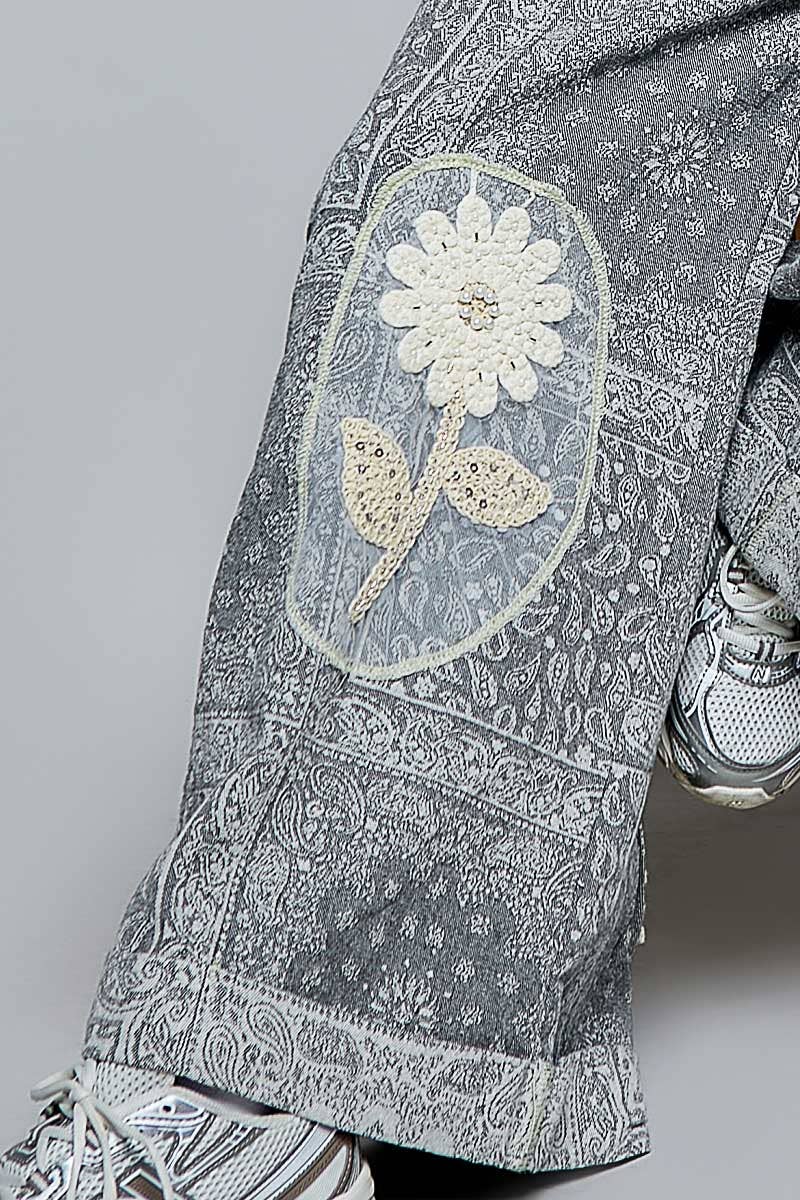 Floral Crochet Pearl Patch Roomy Fit Twill Overalls: FLORAL MULTI / M