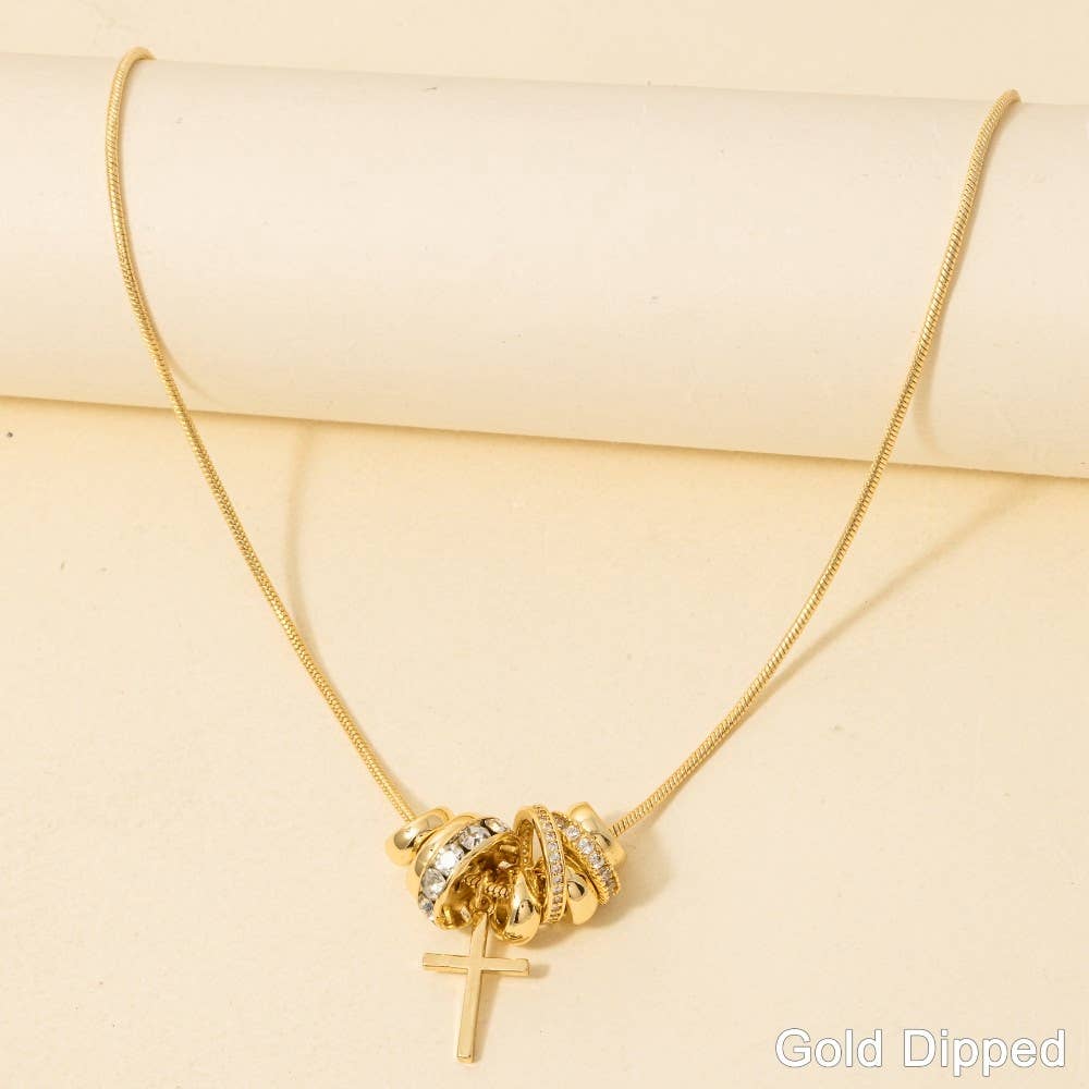 Gold Dipped Cz Multi Charms And Cross Chain Necklace: GOLD