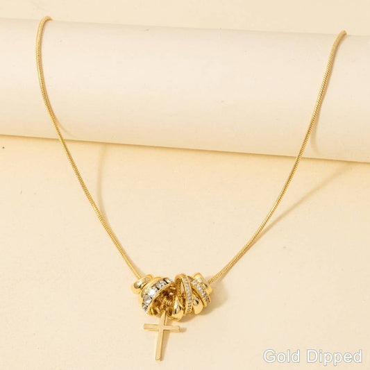 Gold Dipped Cz Multi Charms And Cross Chain Necklace: GOLD