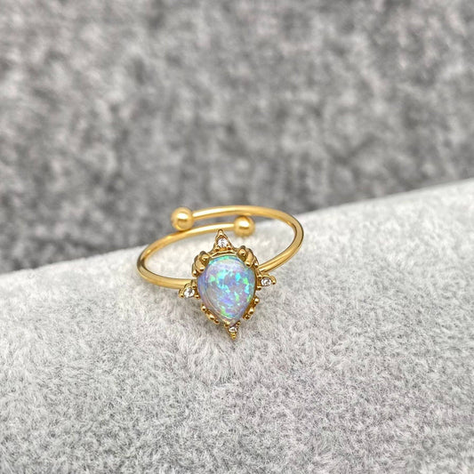 Lucky Opal 18K Gold Plated SS Adjustable Ring - FGS/CS: Blue Teardrop