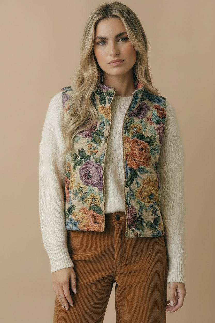 High Neck Floral Jacquard Zip Up Vest: TAUPE/RUST / L
