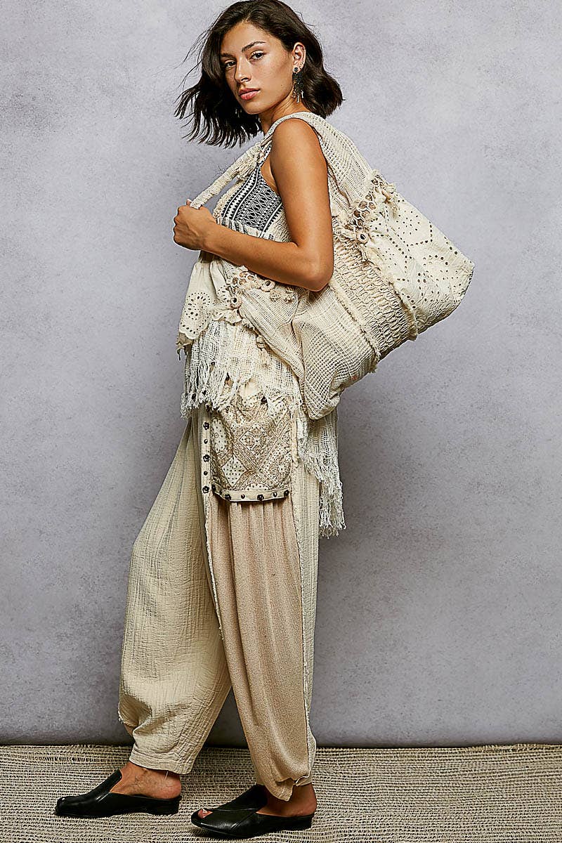 Mirror Dangle Tassel Lace Patched Hobo Bag: NATURAL MULTI / OS