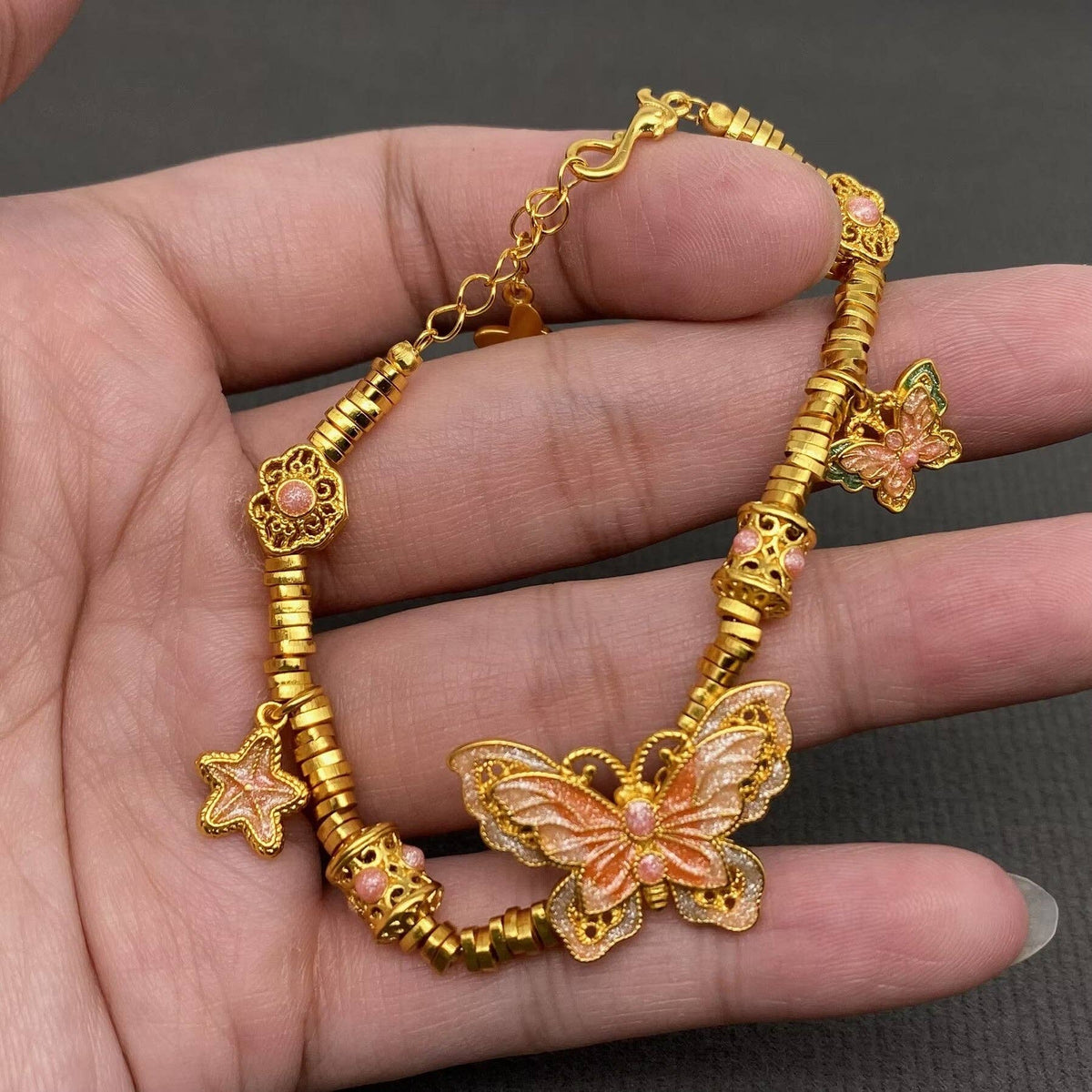 Enamel Butterfly Charm 18K Gold Plated Brass Bracelet