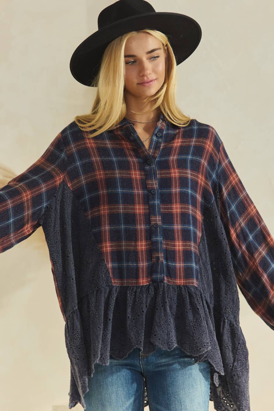 Plus Plaid Eyelet Lace Button Down Shirts: Washed Navy Plaid / 2XL